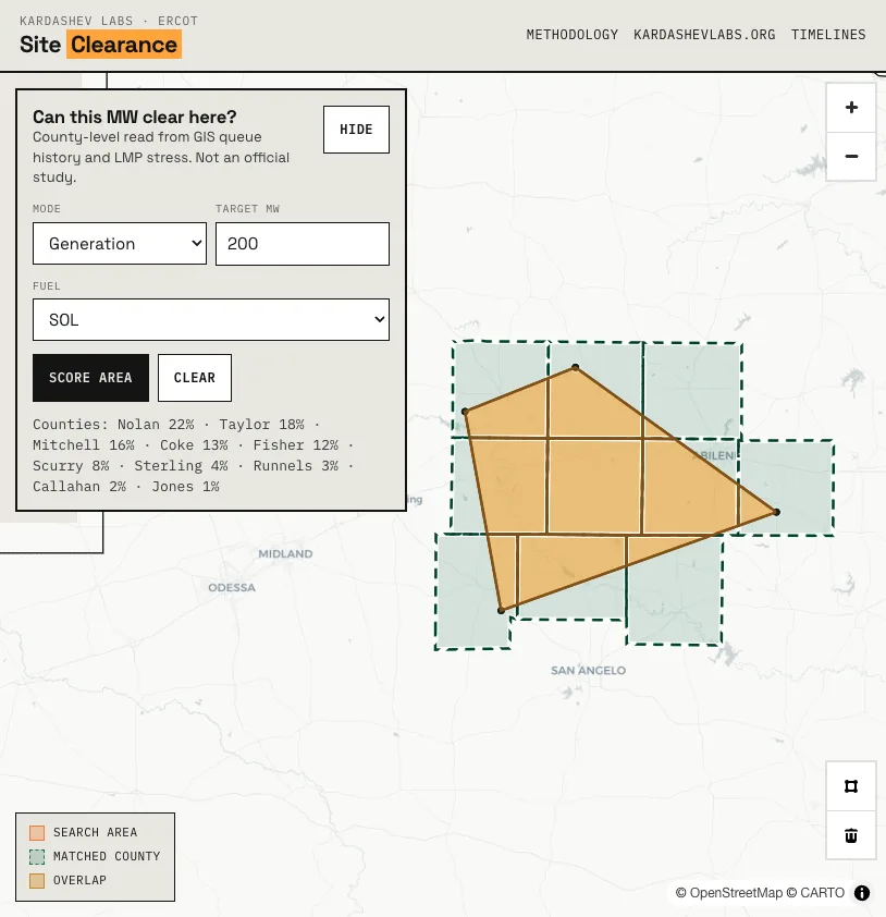 ERCOT Site Clearance map with drawn Footprint and county overlays