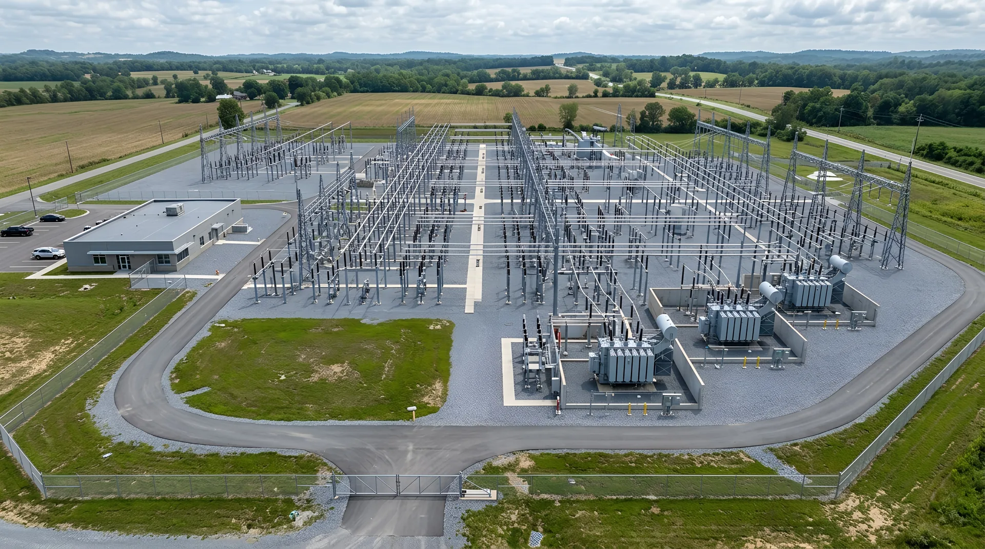 Aerial view of an electrical substation surrounded by farmland